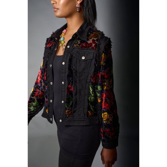 Adore Denim Sheer Panel Embroidered Velvet Floral Fringe Jacket Small Black - Picture 1 of 13